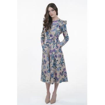 Rochie cu buzunare laterale si imprimeu - Alb fildes/Lila/Albastru