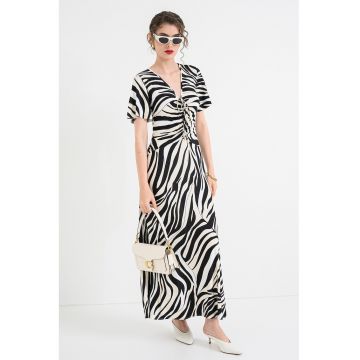 Rochie cu decolteu in V si animal print - Alb/Negru
