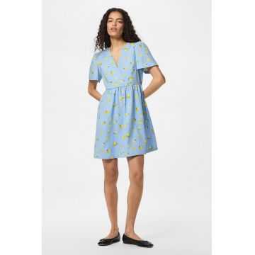 Rochie cu decolteu in V si model cu fructe - Albastru pastel