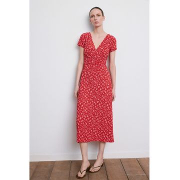 Rochie cu decolteu in V si model floral - Rosu/Alb