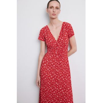 Rochie cu decolteu in V si model floral - Rosu/Alb