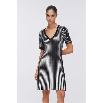 Rochie cu decolteu in V si model in dungi - Alb/Negru