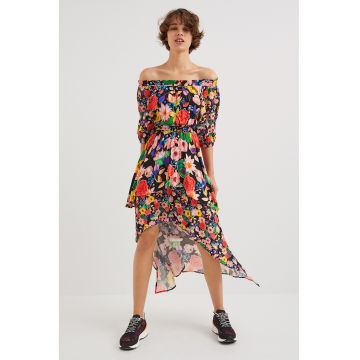 Rochie cu decolteu pe umari si imprimeu floral - Multicolor