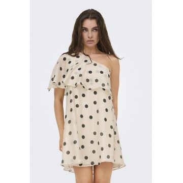 Rochie cu decolteu pe un umar si buline - Bej