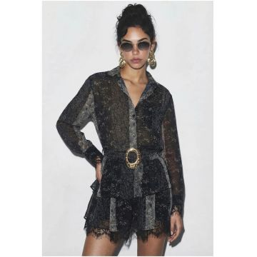 Rochie  cu imprimeu floral - gri antracit - cu cordon - maneca lunga - poliester