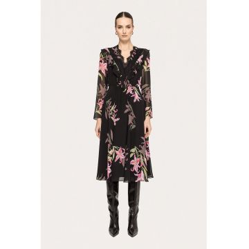 Rochie cu imprimeu floral si garnituri din dantela - Negru/Roz deschis