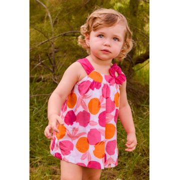 Rochie cu imprimeu si aplicatie florala - Alb/Portocaliu/Roz zmeuriu