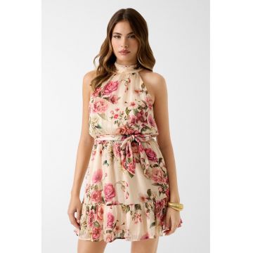 Rochie cu model floral si decolteu halter - Rosu/Bej