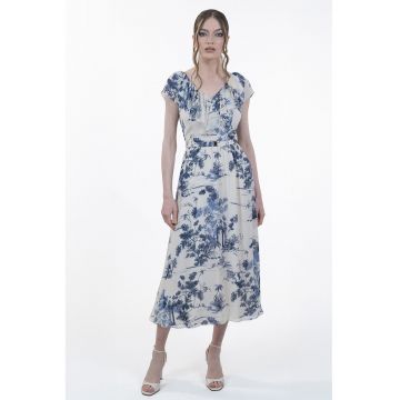 Rochie cu model floral si maneci scurte - Alb murdar/Bleumarin