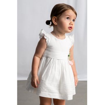 Rochie cu pliuri si garnitura brodata - Alb