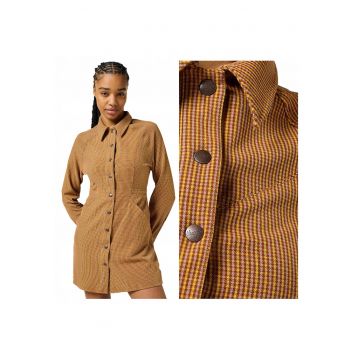 Rochie Dama -  Slim Fit Dress - Regular Fit - Cu Guler - Maneci Lungi - Denim Accent - Nasturi - Bumbac - Maro - Maro nisip