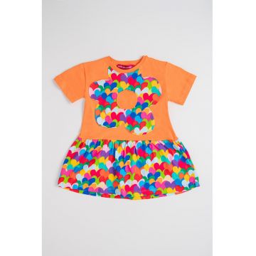 Rochie de bumbac cu maneci scurte - Verde/Portocaliu/Roz