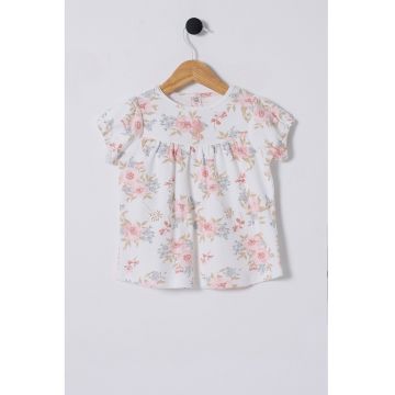 Rochie de bumbac cu model floral - Alb/Roz pastel/Bej inchis