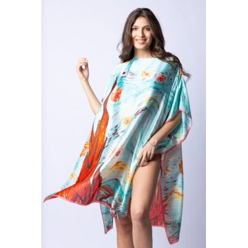 Rochie de plaja tip poncho din matase cu stilizare   Noaptea Instelata   pe fond aqua