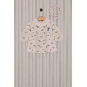 Rochie din amestec de bumbac si imprimeu cu inimi - Verde pal/Crem