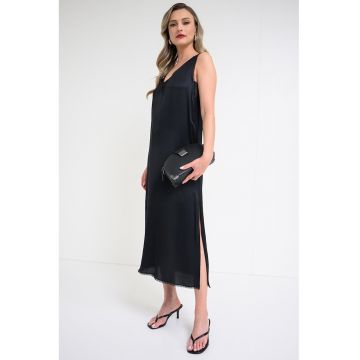 Rochie din satin cu insertii de dantela si slit lateral - Negru