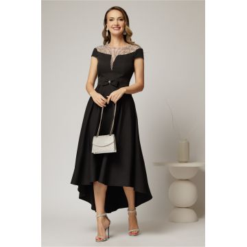 Rochie DY Fashion asimetrica neagra cu funda in talie si aplicatii la decolteu