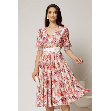 Rochie DY Fashion cu imprimeu floral corai si floare in talie
