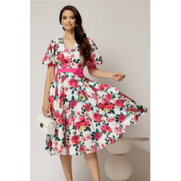 Rochie DY Fashion cu imprimeu floral fucsia si floare in talie
