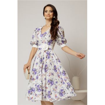 Rochie DY Fashion cu imprimeu floral lila si floare in talie