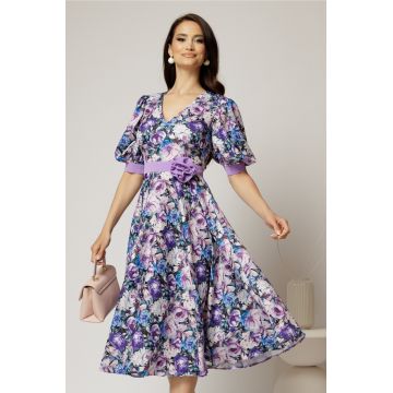 Rochie DY Fashion cu imprimeu floral mov si floare in talie