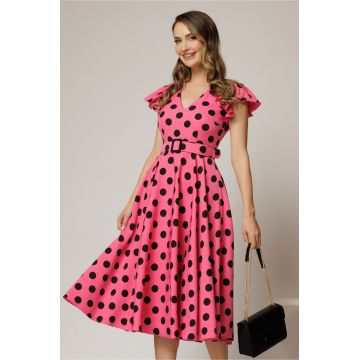 Rochie DY Fashion fucsia cu buline si curea in talie