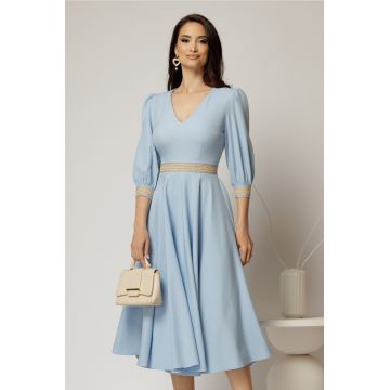 Rochie DY Fashion midi bleu cu banda decorativa pe talie si mansete