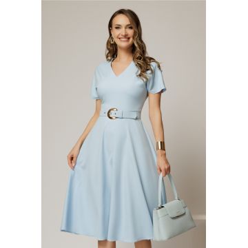 Rochie DY Fashion midi bleu cu decolteu in V si curea in talie