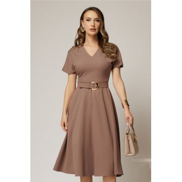 Rochie DY Fashion midi maro cu decolteu in V si curea in talie