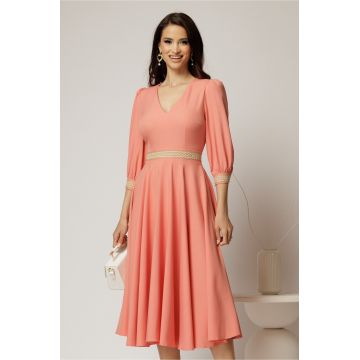 Rochie DY Fashion midi roz somon cu banda decorativa pe talie si mansete
