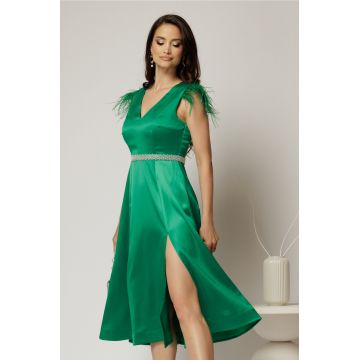 Rochie DY Fashion midi verde din tafta cu pene la umeri
