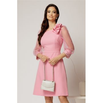 Rochie DY Fashion roz cu maneci din organza si detaliu floral
