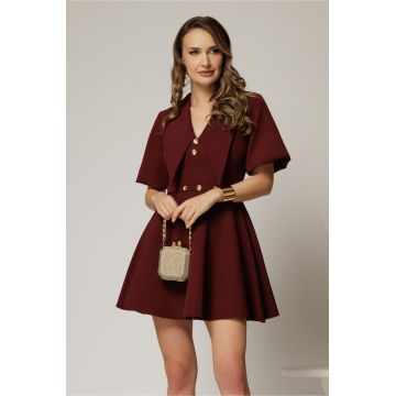 Rochie DY Fashion scurta bordo cu guler ascutit si nasturi