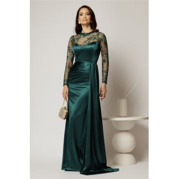 Rochie eleganta verde lunga de seara din lycra si dantela la bust si maneci