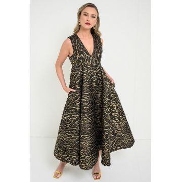 Rochie evazata cu decolteu in V si buzunare - Auriu/Negru