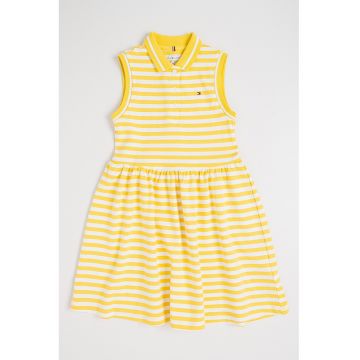 Rochie evazata cu guler polo - fara maneci - Alb/Galben sofran