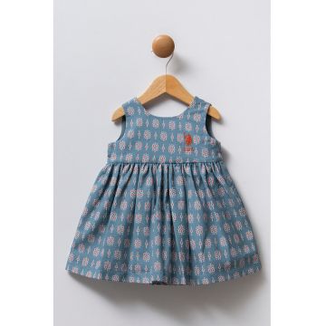 Rochie evazata cu imprimeu - Albastru prafuit/Rosu inchis