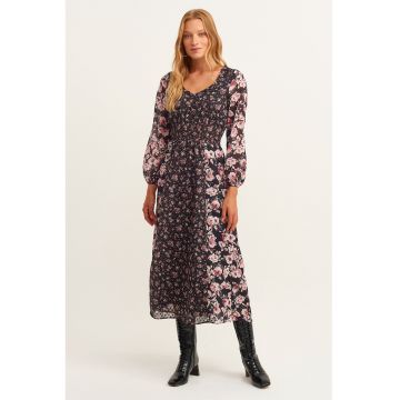 Rochie evazata cu imprimeu floral - Negru/Roz