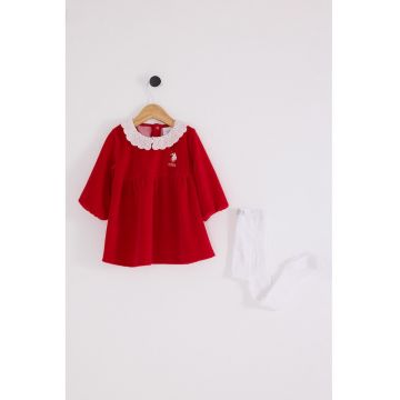 Rochie evazata cu maneci lungi - Rosu/Alb