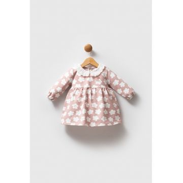 Rochie evazata cu model floral - Alb optic/Roz prafuit