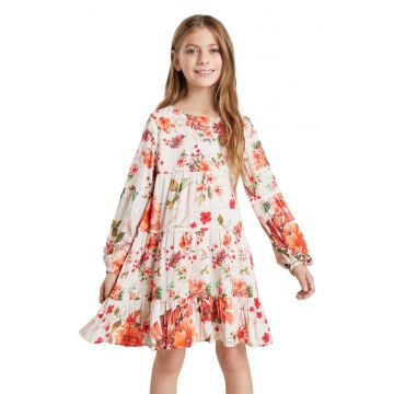 Rochie evazata cu model floral - Rosu/Alb