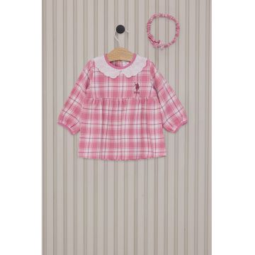 Rochie evazata cu model in carouri - Alb/Roz deschis