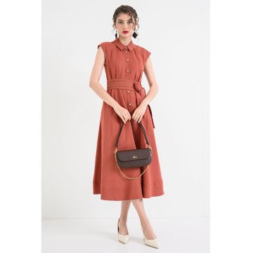 Rochie evazata de in cu cordon in talie - Rosu prafuit