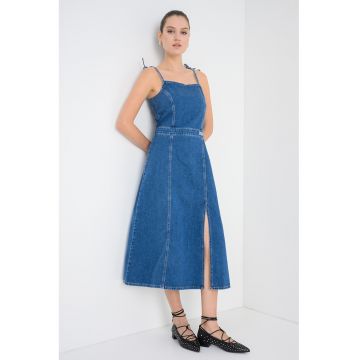 Rochie evazata din denim cu slit adanc lateral - Albastru