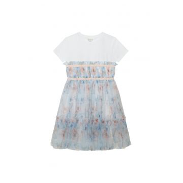 Rochie fete -  din bumbac - alb - albastru deschis - roz