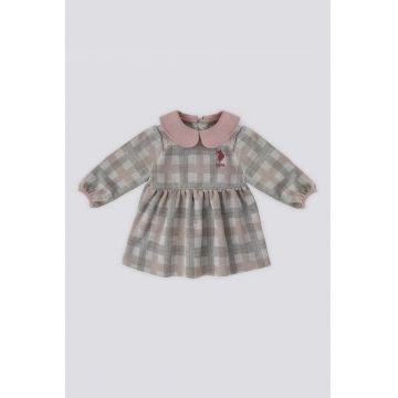 Rochie in carouri cu guler Peter Pan - Gri/Roz