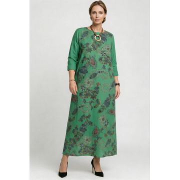 Rochie lunga A-line din catifea reiata cu imprimeu paisley, verde
