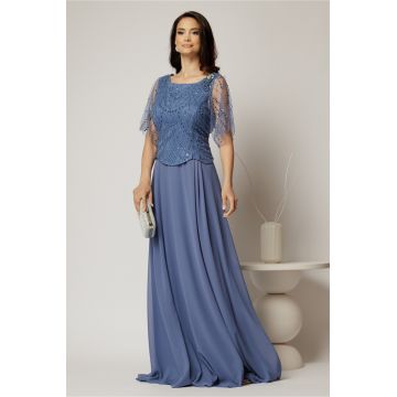 Rochie lunga bleu de seara din voal si aplicatii de paiete la bust