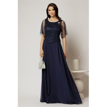 Rochie lunga bleumarin de seara din voal si aplicatii de paiete la bust