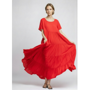 Rochie lunga, croi amplu cu patru volane, stil boem elegant, corai